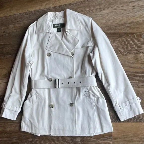 NWOT VTG Eddie Bauer Double Breasted Belted Trench Coat MIDI White Women’s L P - Picture 2 of 11